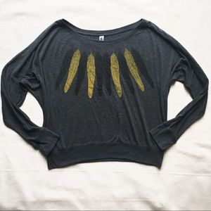 Bella Long-Sleeved Feather Print Charcoal Top, Lrg